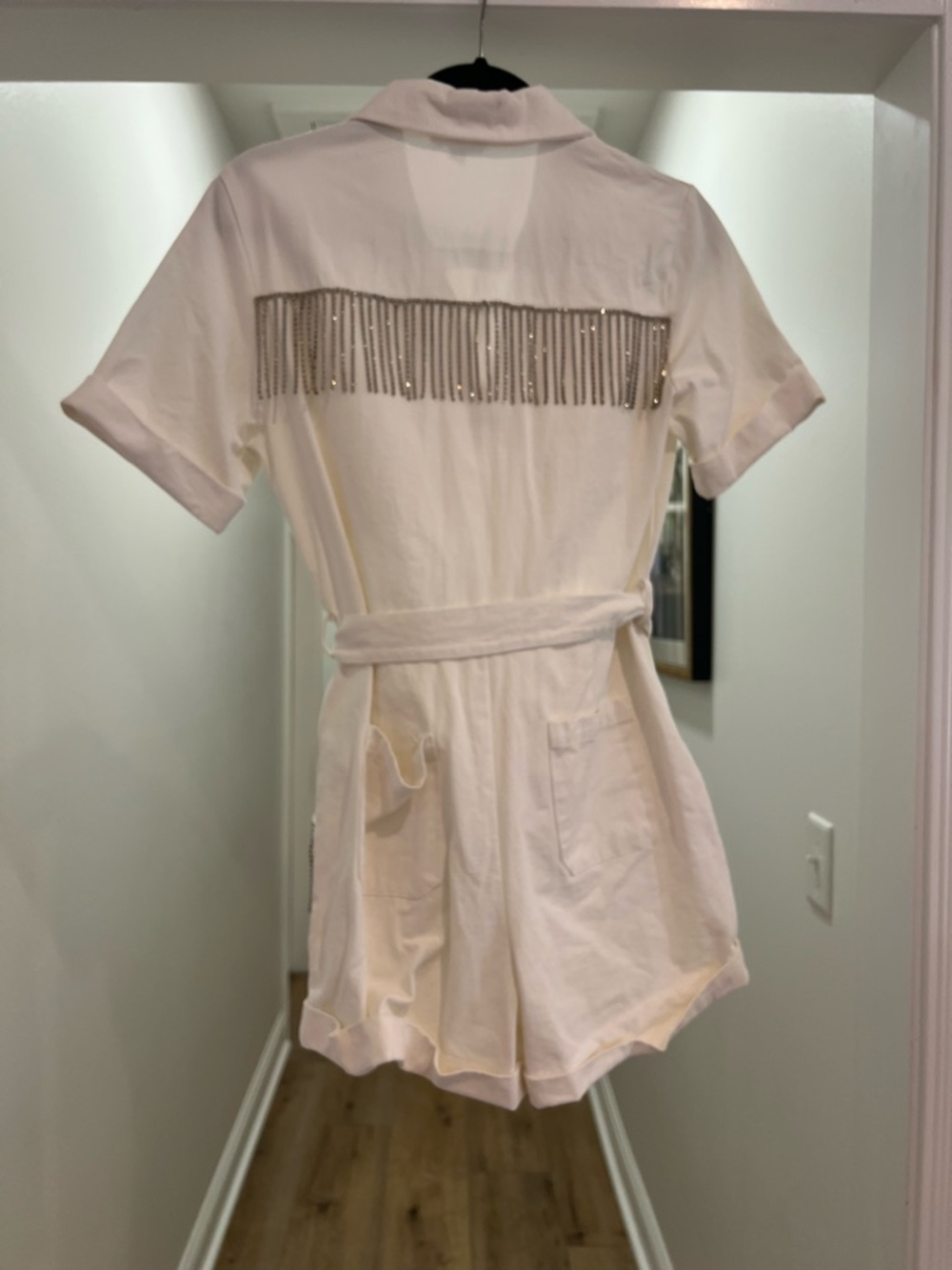 Main Strip White Short-Sleeve Romper with Fringe